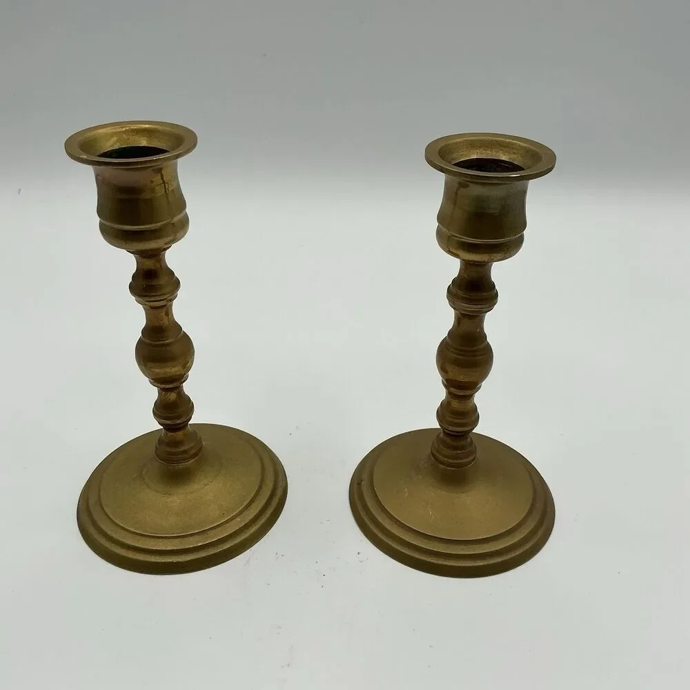 Small 6” Vintage Pair Beautiful Solid Brass Candlesticks W/ Drip Candle Holders